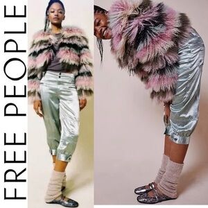 NEW Free People Ryder Pants Metallic Silver Satin Moto Crop Vegan Shiny Green 0